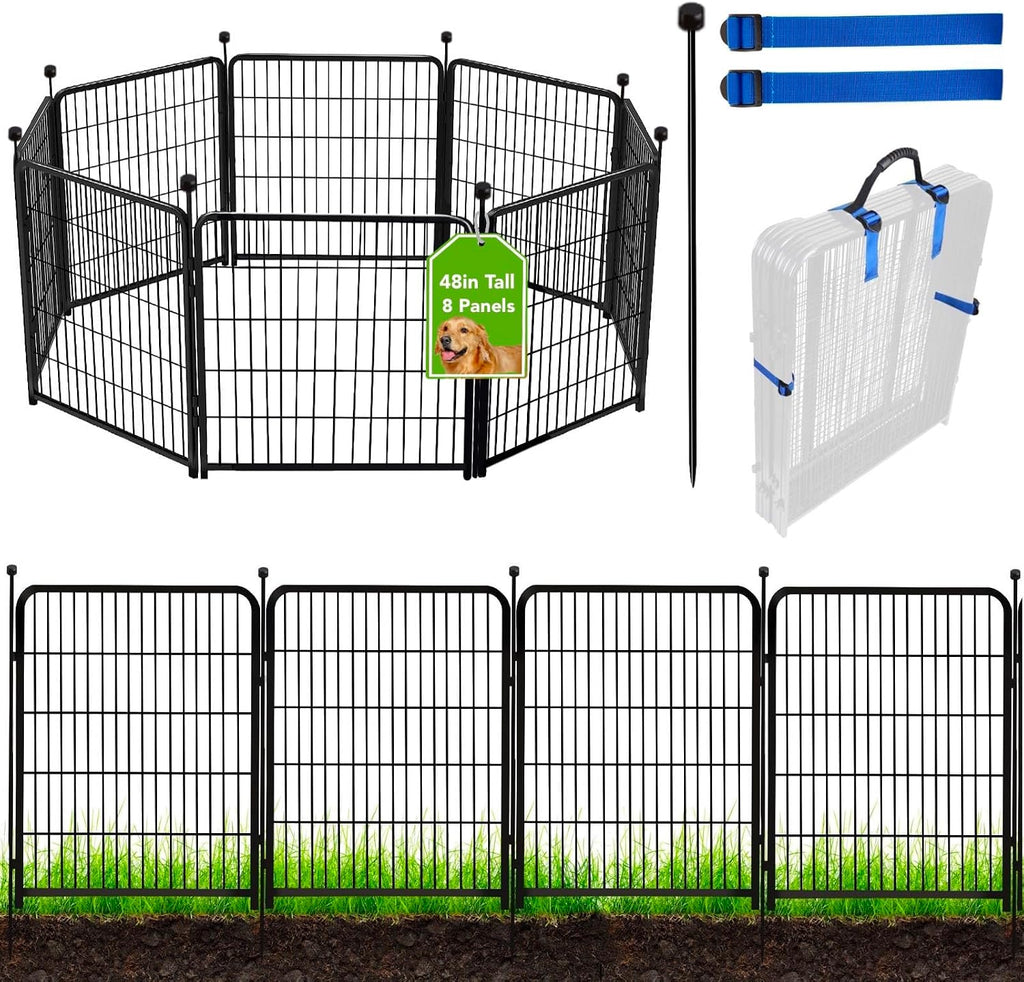 48 in(H) Garden Fence Panels, 8 Panels Total 17.7 Ft(L), Heavy Duty Iron Metal Animal Barrier Fence, Fencing for