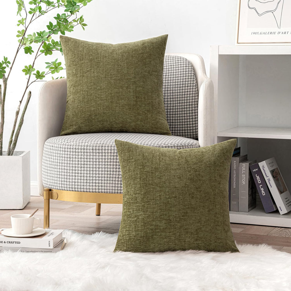 Soft Chenille Throw Pillow Covers Olive Green 20x20 Inch Pack of 2