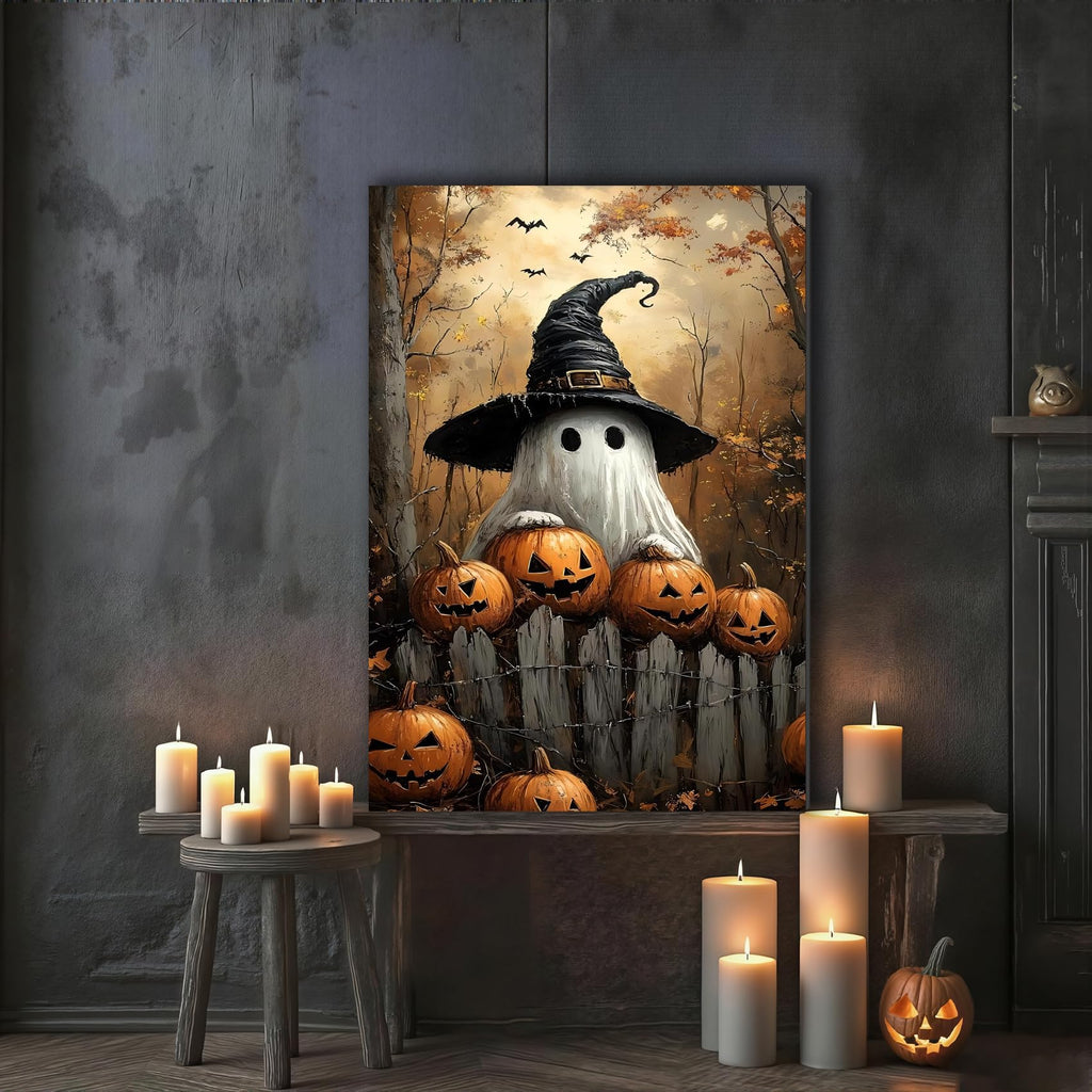 Ghost Wearing Witch Hat Framed Canvas Wall Art 24x36, Spooky Pumpkin Halloween Poster Print, Rustic Farmhouse Wall