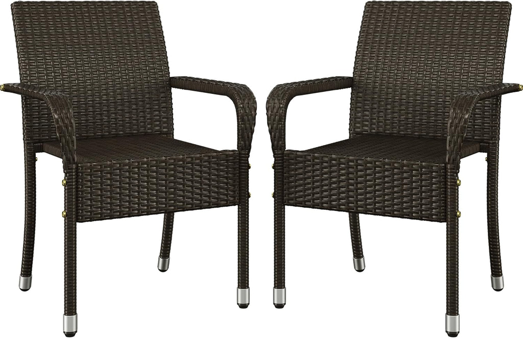Set of 2 Stackable Outdoor Rattan Dining Chairs, All-Weather Armchair w/Armrests, Steel Frame for Garden, Patio, Deck