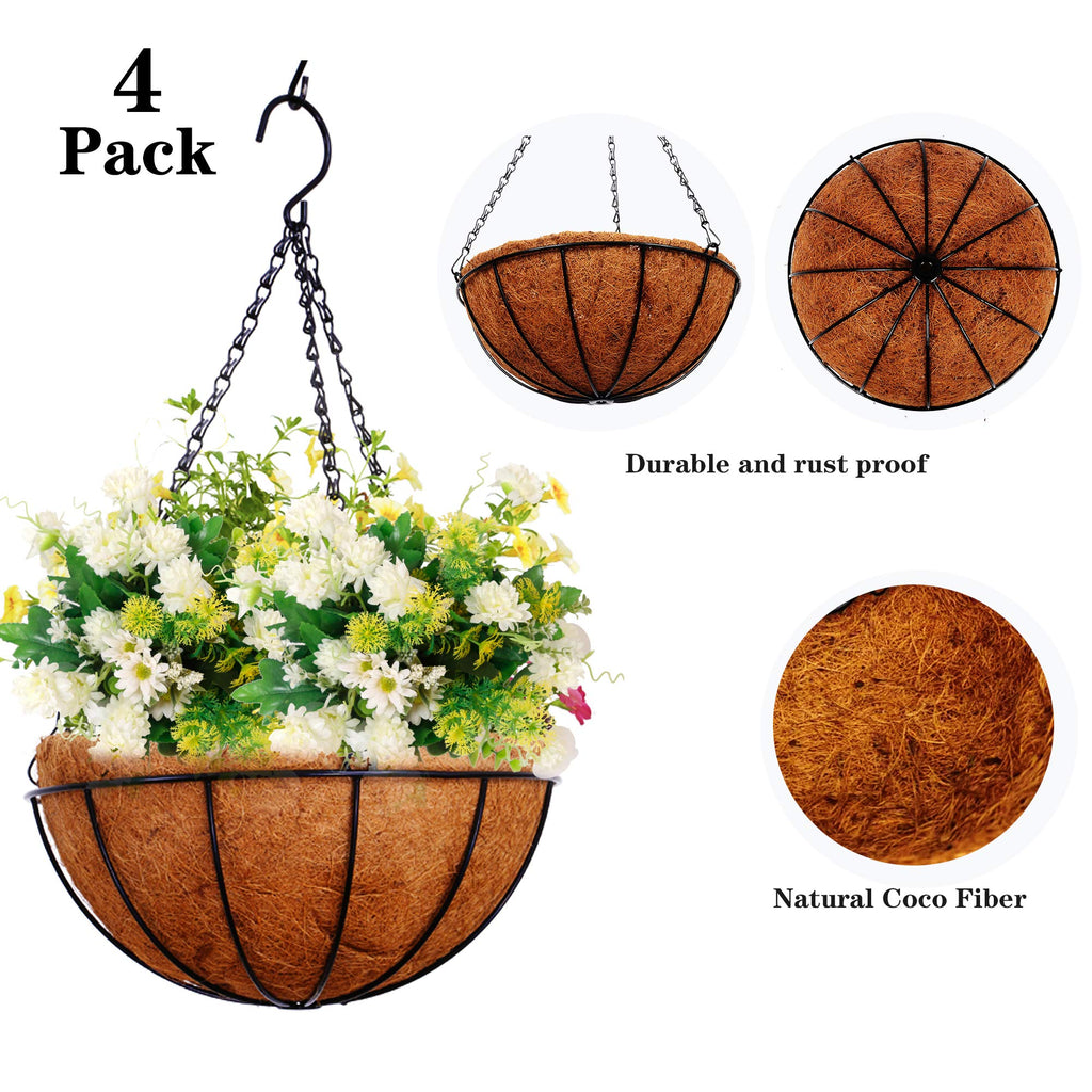 Hanging Baskets for Plants Outdoor(12 inch 4 Pack)- Coconut Coir Hanging Planters Outdoor, Metal Wire Baskets with