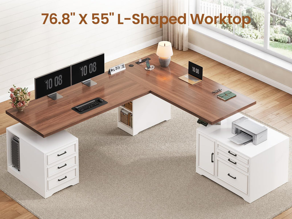 Farmhouse L Shaped Electric Standing Desk with File Cabinet, 77 x 55'' Height Adjustable Home Office Computer Desk