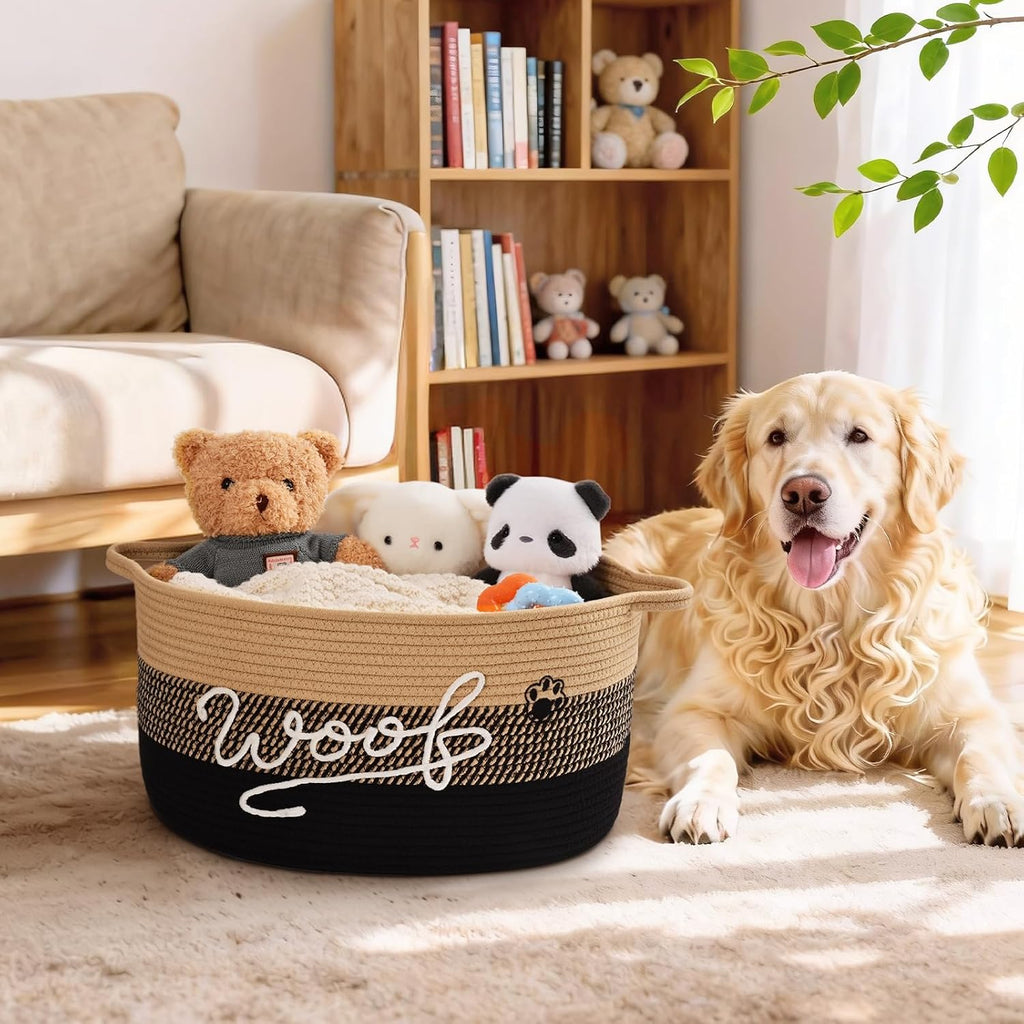 30L Woof Dog Toy Basket with Handles, Large Dog Toy Storage Bin with Paw Print, Woven Dog Basket for Blankets, Toys