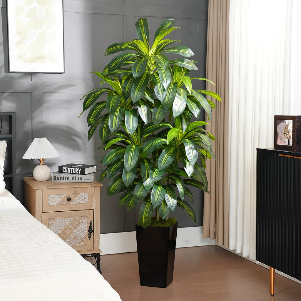 6FT Artificial Dracaena Tree - High-Density Foliage Fake Plant with Black Tall Planter - Faux Yucca Floor Plant Decor