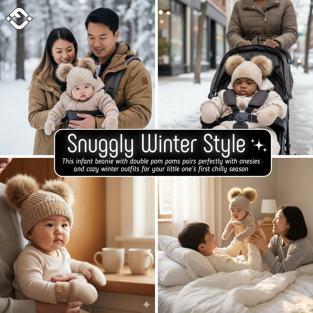 Baby Double Faux Fur Pom Pom Beanie & Mittens Set - Infant Winter Hat with Soft Lined Mittens