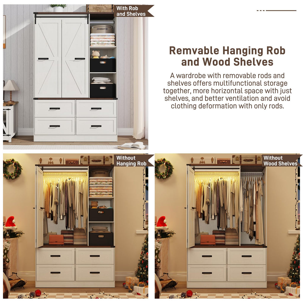 Farmhouse 3 Doors Armoire Wardrobe Closet w/Folding Sliding Barn Door and Lights, LED Armoire Closet w/Drawers