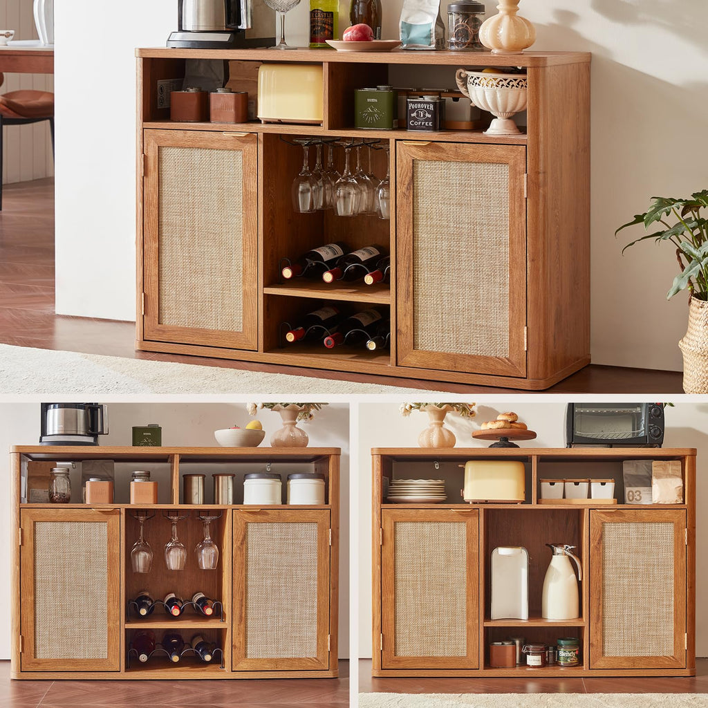 Rattan Wine Bar Cabinet with Storage, Tea Brown