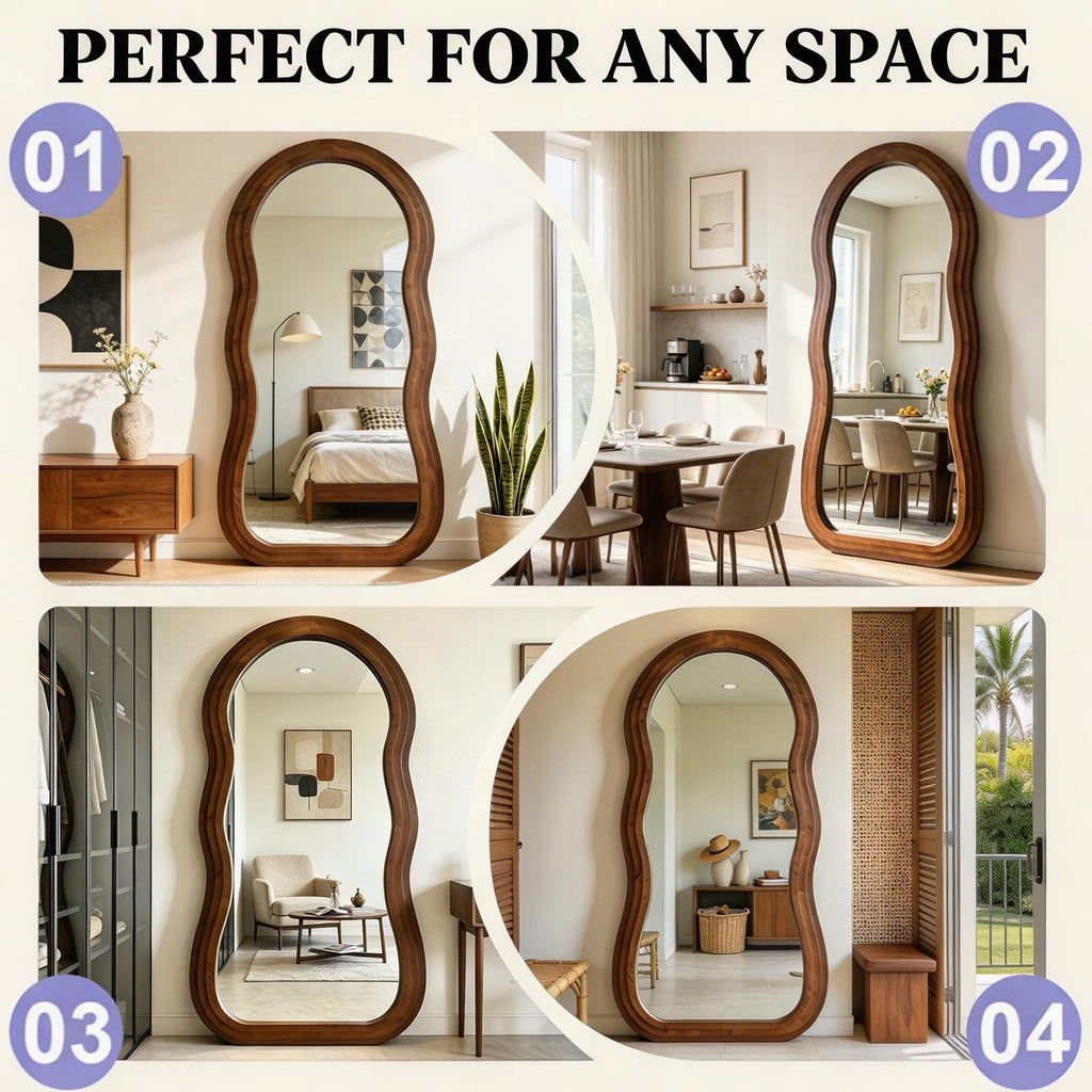 Wavy Full Length Mirror, 71"x33.5" Arch Solid Wood Floor Mirror