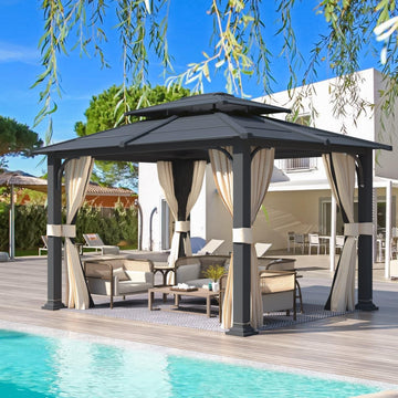 10'x12' Gazebo with Galvanized Steel Roof, Hardtop Double Roof with Anti-Rust Coating