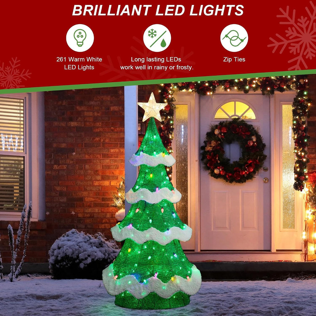 6FT Outdoor Lighted 3D Christmas Tree, Large Mesh Christmas Tree Holiday Yard Decoration with Colorful Bulbs and 261