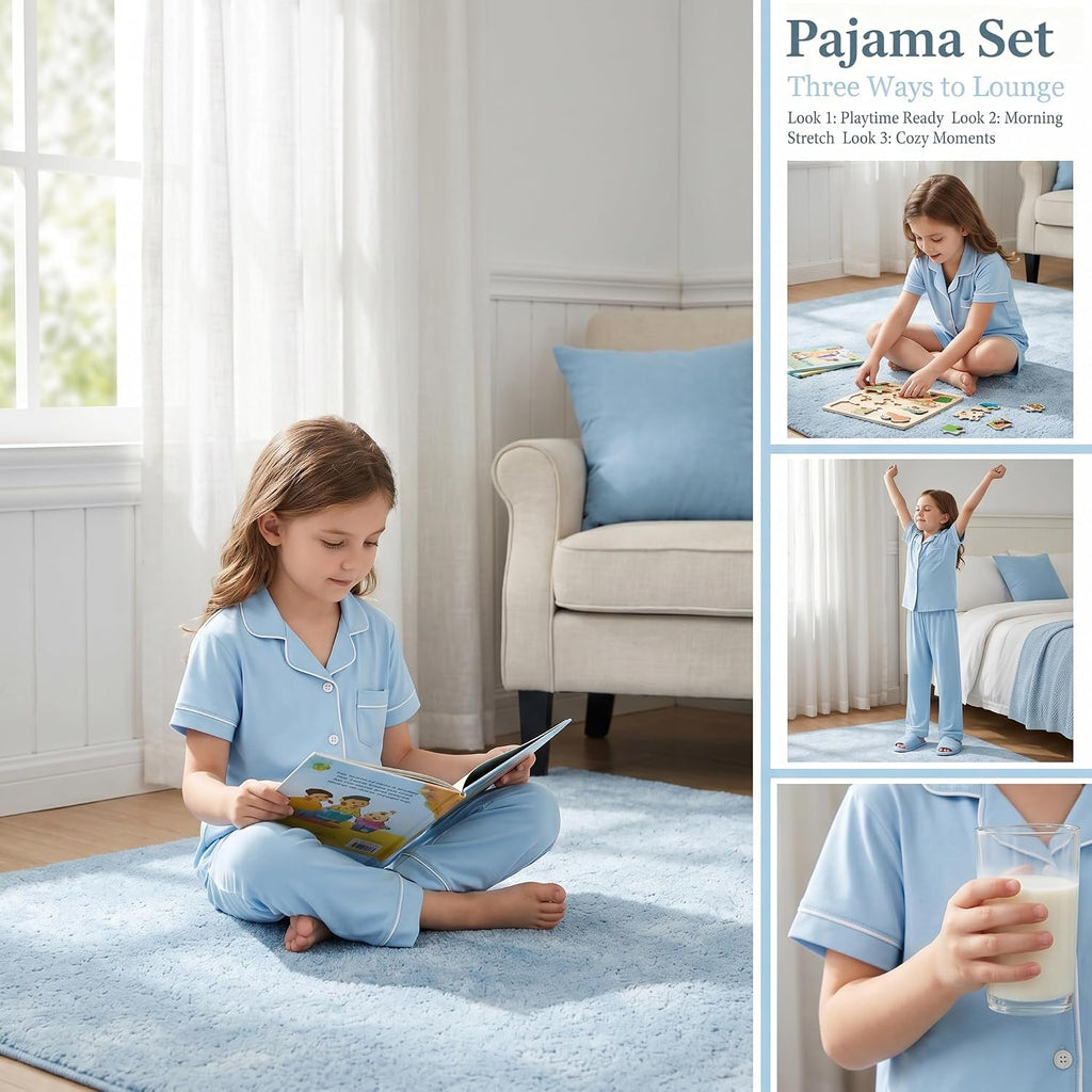 Girls 3 Piece Smooth Pajama Set Soft Sleepwear Loungewear