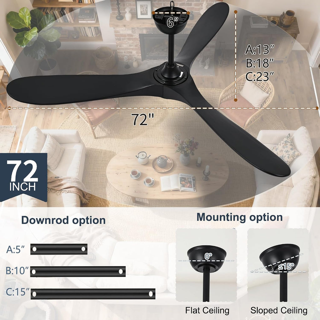 Inspired Maverick Style 72 Inch Solid Wood Ceiling Fan with Remote Control,Black Indoor/Outdoor Wooden Ceiling Fan,3-Blade Rustic Ceiling Fans for Patio,Living Room,6-Speed Silent Reversible DC Motor,No Light,Damp Rated A102-B0CMTLT47H