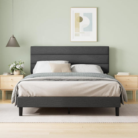 Queen Piper Upholstered Platform Bed with Horizontal Paneled Headboard, Wooden Slat Support, No Box Spring Needed