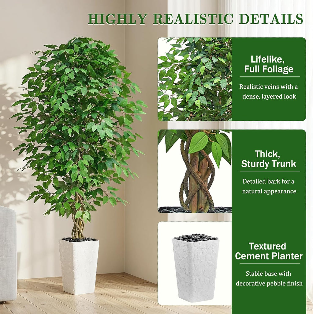 6FT Artificial Ficus Tree, Large Fake Ficus Tree White Planter