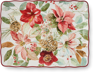 Winter Blooms Holiday Rectangular Platter - 16" x 12" Ceramic Serving Tray with Poinsettia Design - Dishwasher Safe