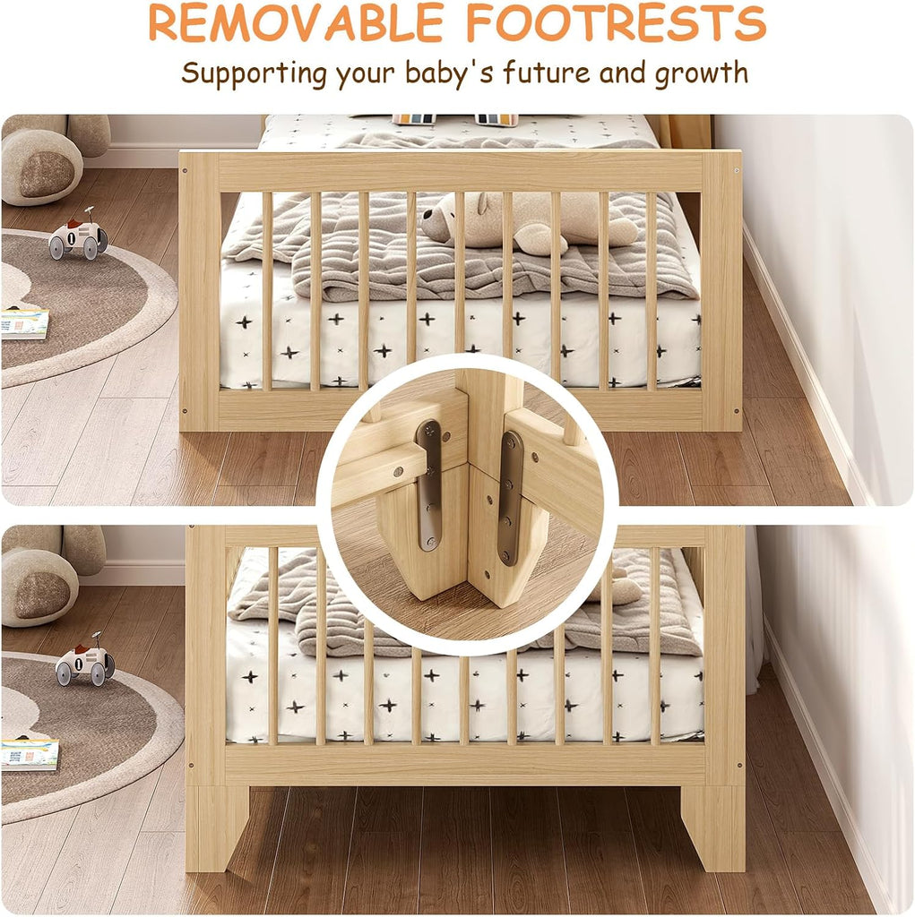 Montessori Floor Bed for Kids, Removable Rails, Burlywood