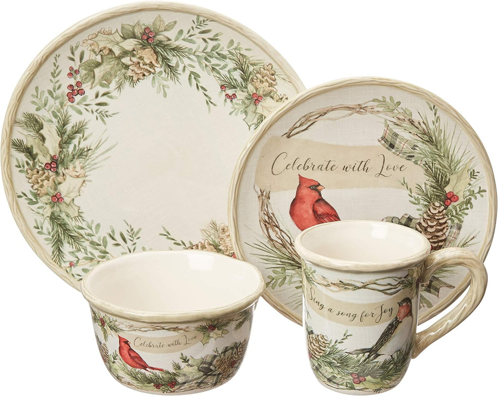 89044RM Holly and Ivy 16pc Dinnerware Set, Service for 4,Multicolored
