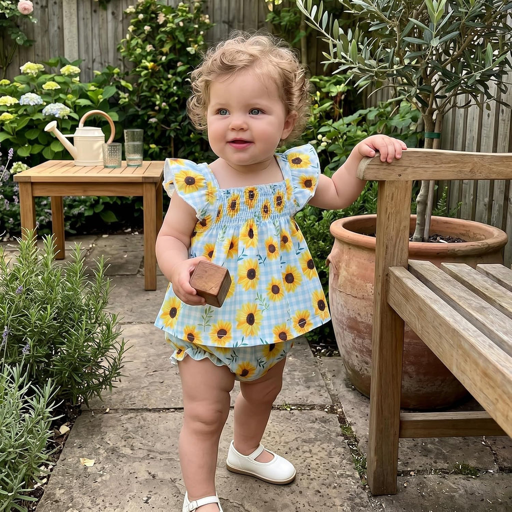 Baby Girl Watermelon Outfit Floral Ruffle Sleeve Top and Bloomer Shorts Set Infant Sunflower Outfit Plaid Clothes