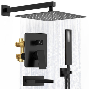 Shower System with Tub Spout, All Metal Black Shower Faucet Set