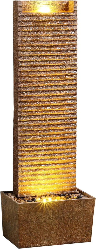 Ridged Texture Outdoor Water Fountain - Warm Glow Lighting with Built-in Electric Pump & Simple Setup, Brown