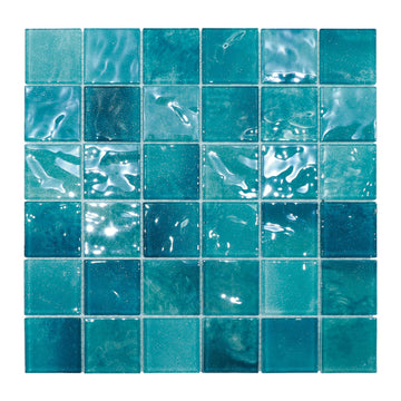 Glass Mosaic Tiles Backsplash, 12" x 12" Turquoise 3D Wave Texture Square Tiles for Swimming Pool Accent Wall