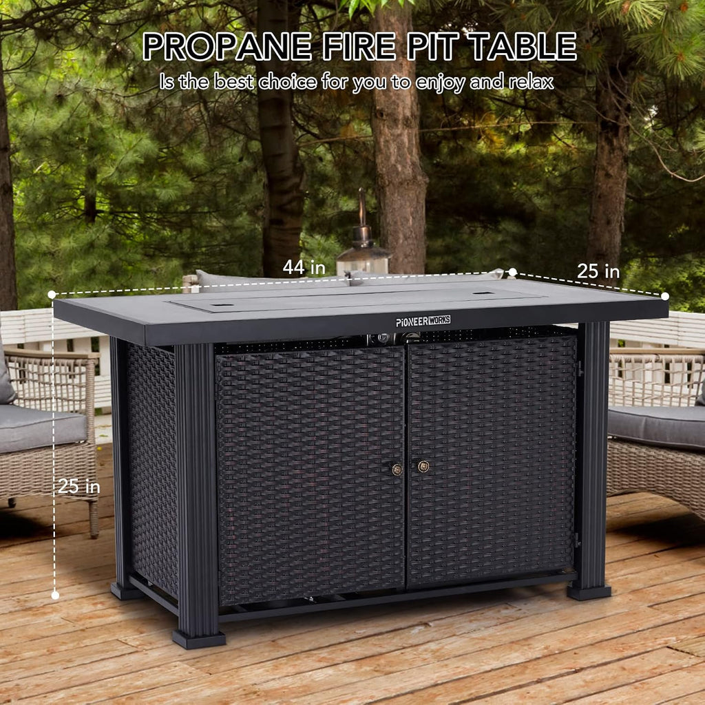 44 in Propane Fire Pit Table (Double Door), 50000BTU Rectangle Fire Table with Cover & Rain Cover, Sturdy Steel and