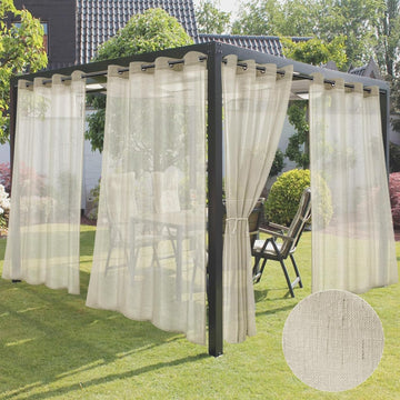 Semi Voile Beige Sheer Outdoor Curtains 4 Pcs 54x84 In | Light Filtering Grommet Top Faux Linen Outdoor Dining