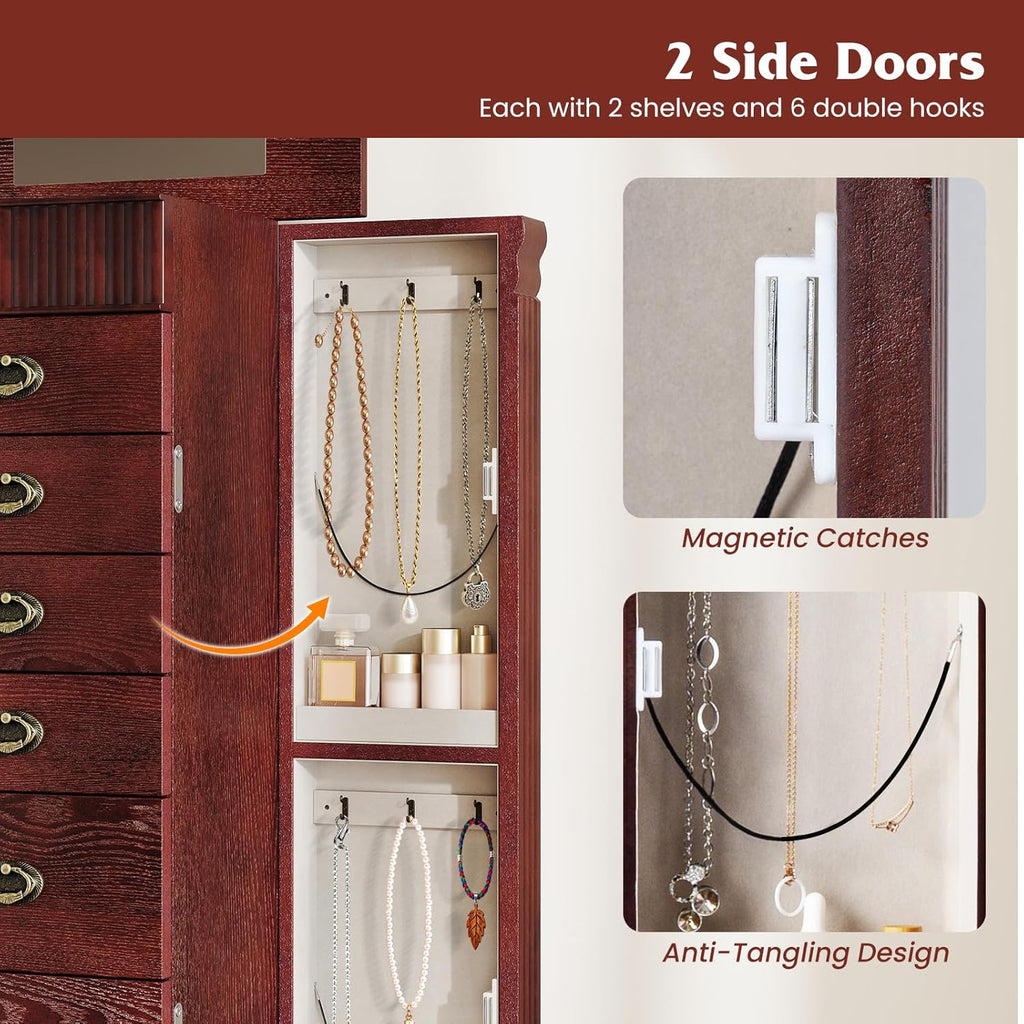 Standing Jewelry Armoire Cabinet, Large Jewelry Organizer Chest with 7 Drawers, 2 Swing Doors, 12 Necklace Hooks &