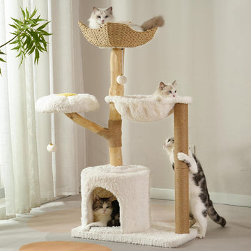 Modern Cat Tree with Hammock 48.5 Inches Cat Tower with Scratching Post, Featuring Real Wood Post, Large