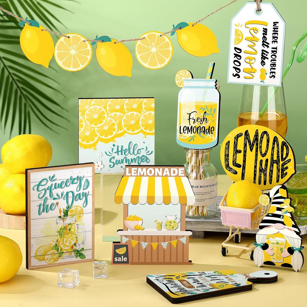 Lemon Tiered Tray Decor Lemon Decorations Summer Lemonade Wooden Signs Rustic Farmhouse Decorative Trays - Set of 13
