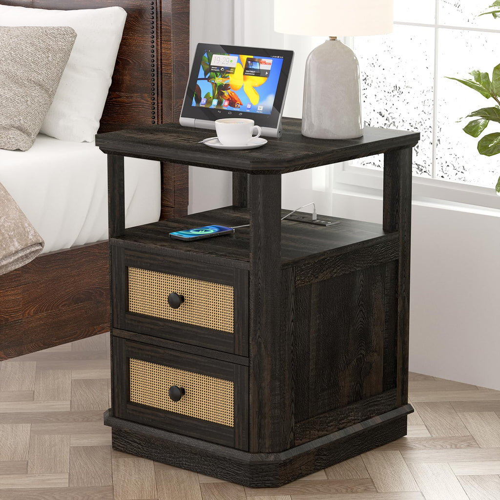 Set of 2 with Charging Station, 24" Tall Sofa Side Table with Rattan Drawer, Anti-Collision Angle Wooden Night Stand .