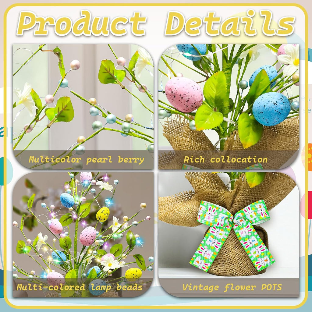 Lighted Easter Decorations 20'' Egg Tree for Tabletop Decor, Timer Egg Tree Ornaments, Easter Artificial Tree
