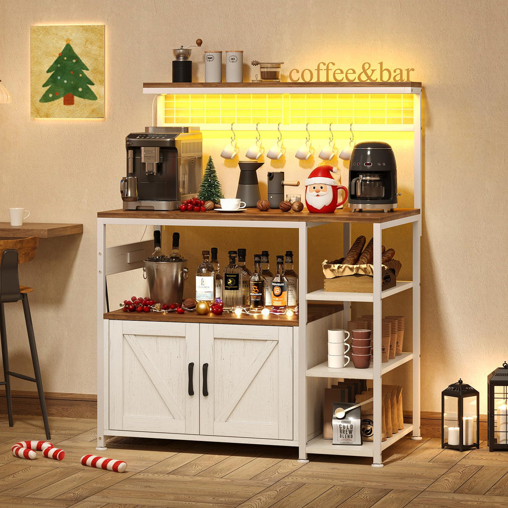 Bakers Rack with Power Outlet and LED Light, Microwave Stand with Storage Cabinet, Coffee Bar Cabinet Station with 6