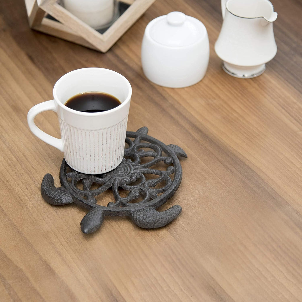 Cast Iron Trivet for Hot Dishes, Pots, and Pans, Metal Trivet, Sea Turtle Design, Rubber Feet Caps, Ring Hanger, 8.25