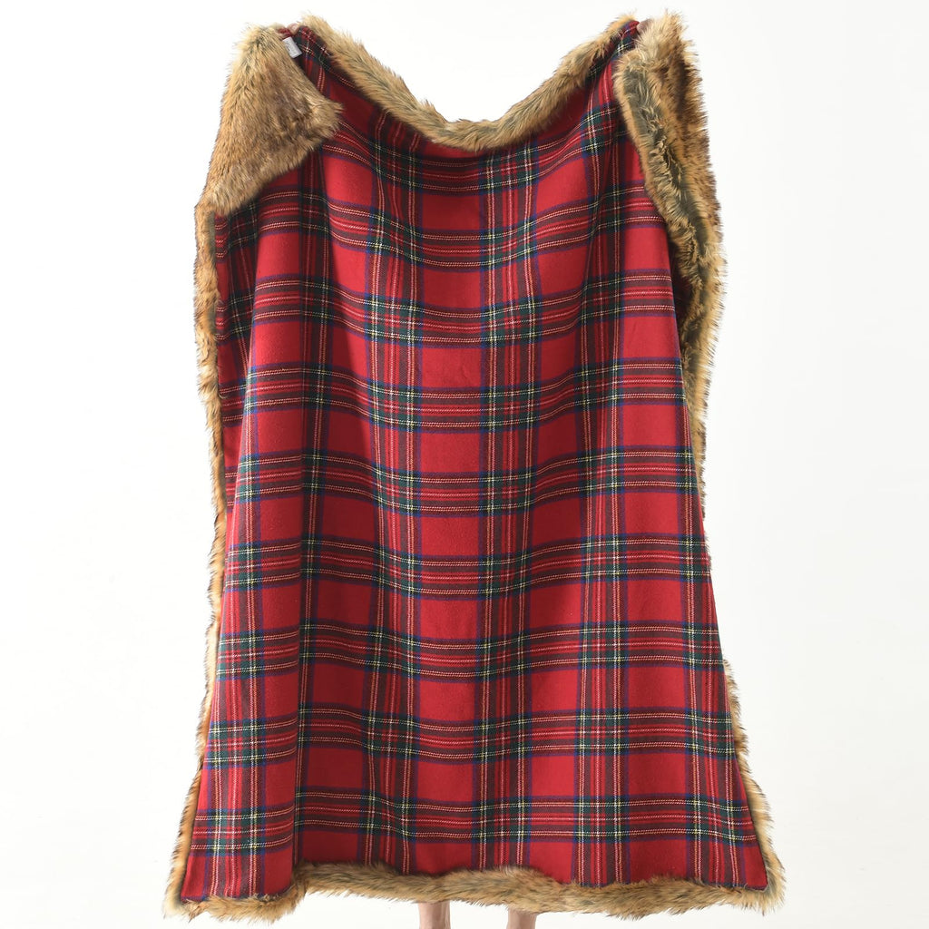 Luxury Plush Faux Fur Throw Blanket with Red Plaid Pattern, Super Warm, Fuzzy, Elegant, Fluffy Decoration Christmas
