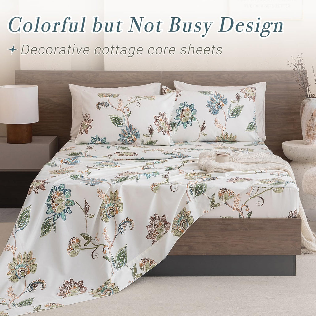 Boho Sheets Sets Percale Printed Sheets Queen Botanical Leaves Flower Pattern Printed Bed Queen Size