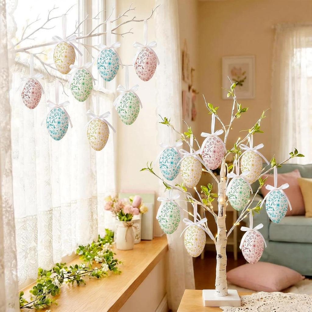 Easter Eggs Hanging Colorful Ornament, Toile de Jouy Style - Set of 24