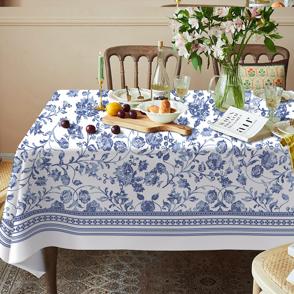 Rectangle Tablecloth Polyester Material - 60 x 84 Inch Blue Floral Rustic Lightweight Tablecloth Classic French