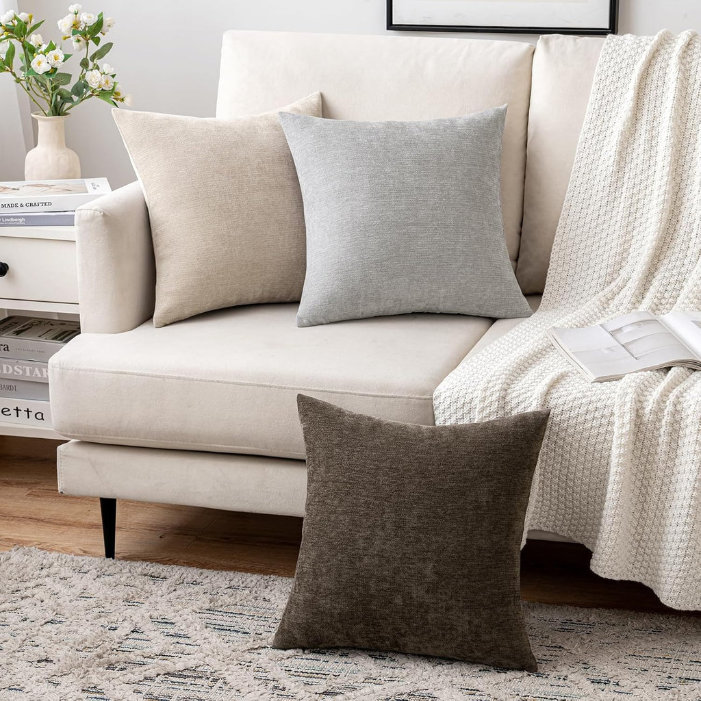 Pack of 2 Beige Decorative Pillow Covers 18x18 Inch Soft Chenille Couch Throw Pillows Farmhouse Cushion Covers