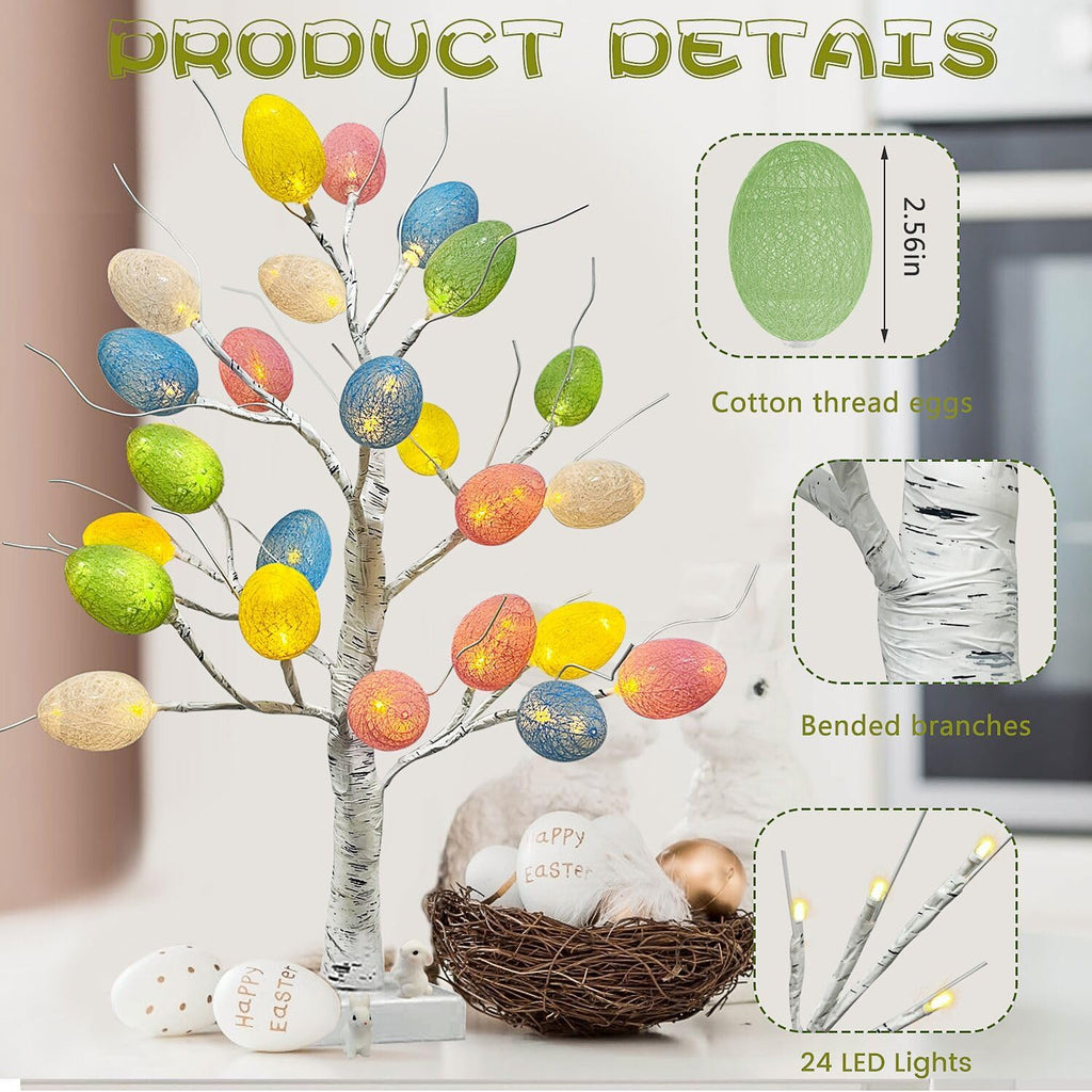Easter Decorations,Pre-Lit Artificial Easter Egg Tree with LED Lights,2FT Lighted Birch Tree,Light up Tree Lamp