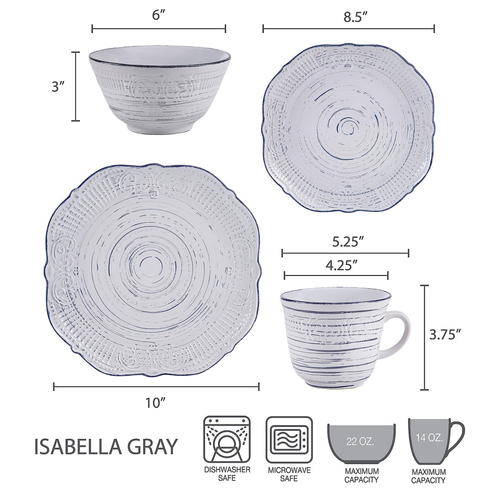 Isabella 16-Piece Stoneware Dinnerware Set, Service for 4 - Handpainted Unique Glazed Finish - Includes Dinner