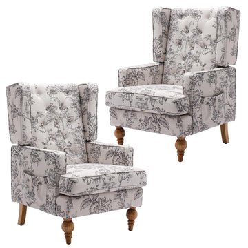 Tufted Accent Chair Set of 2, Modern Linen Upholstered Wingback Side Arm Chair Bedroom with Wood Legs, Comfy Reading