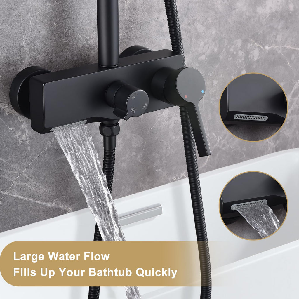 Matte Black Exposed Shower System with 2 Modes HandHeld,3 Functions Tub Shower Faucet Sets with Brass Valve, Shower