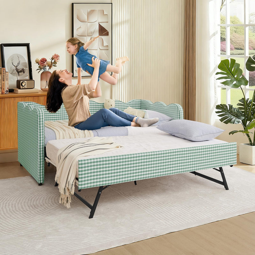 Twin Size Gingham Daybed with Trundle, Upholstered Linen Day Bed Frame with USB Ports & Wave-Shaped Backrest, Modern