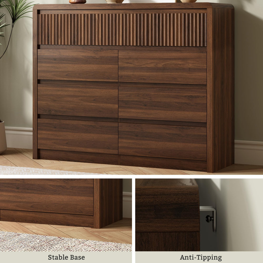 Walnut Fluted 9 Drawer Dresser, Curved Edge, 50" Wide