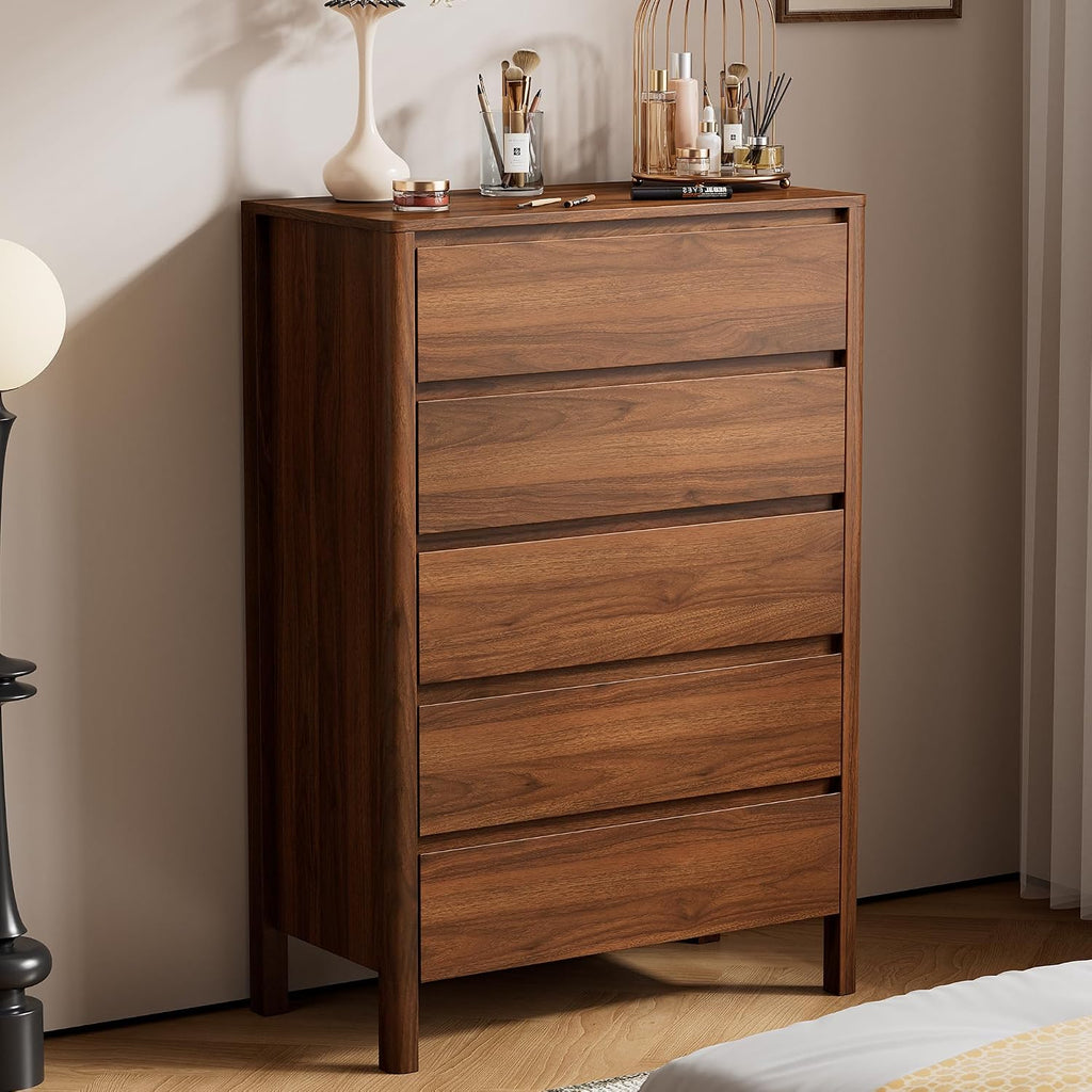 Walnut Dresser , 5 Drawer Dresser with Wood Legs, Tall Wood Dresser, Mid Century Modern Chest of Drawers, Large