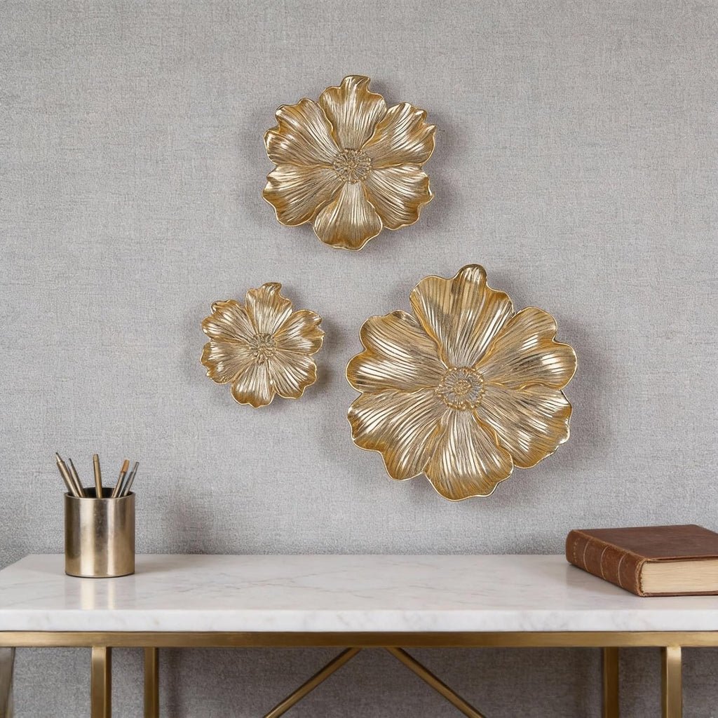 Gold Resin Floral Wall Art, Unique Wall Sculpture and Vintage Wall Décor, Perfect, Room, and Bathroom Wall - Set of 3