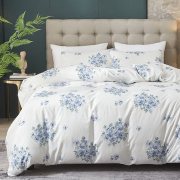 Blue Rose Floral Duvet Cover, Blue and White Farmhouse
