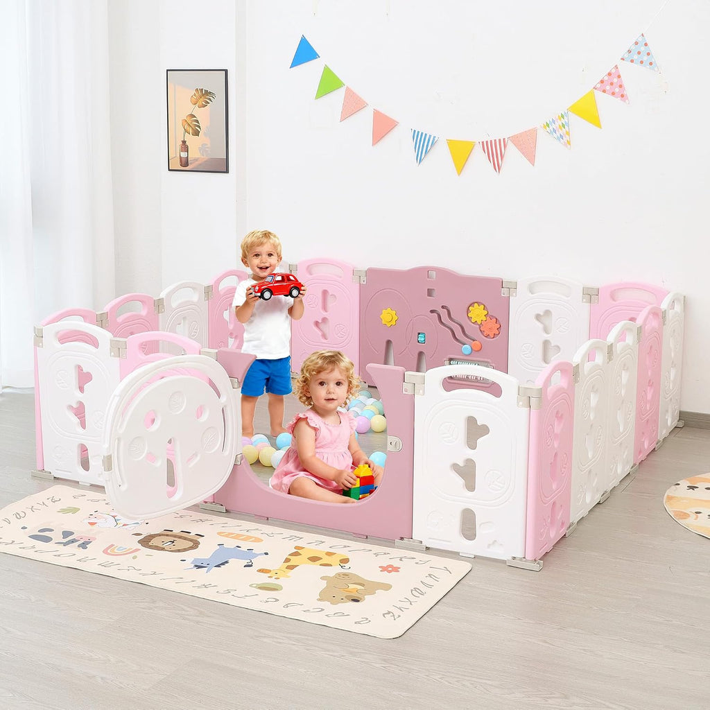 Foldable Baby Playpen, Portable Play Yard for Babies and Toddlers with Safety Lock Gate & Game Panel, Adjustable