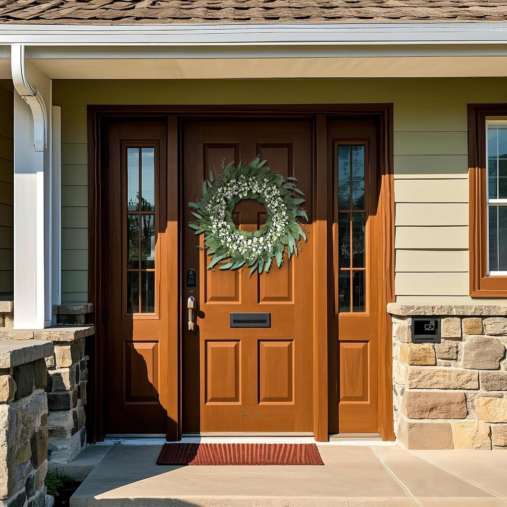 26" Large Artificial Eucalyptus & Flower Wreath for Front Door(Green-White)